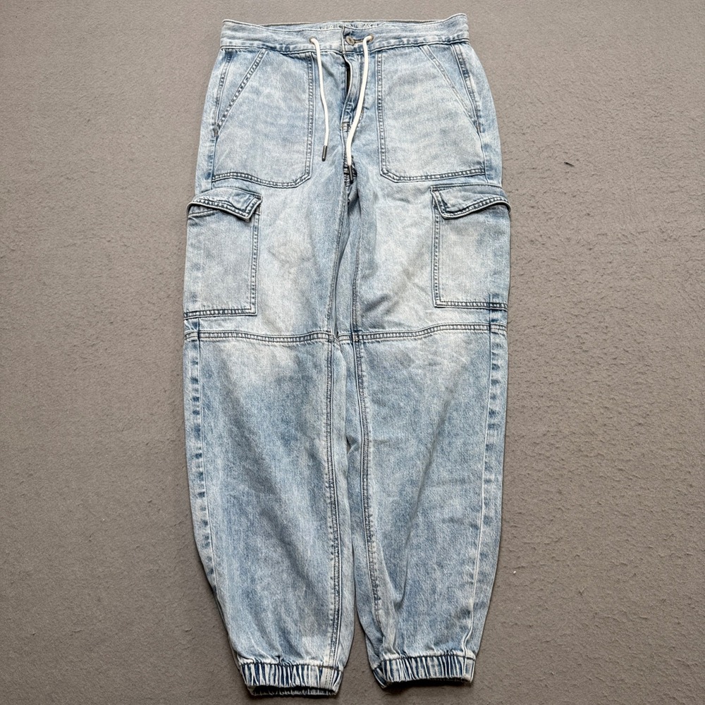 American Eagle Denim Joggers Women's 6 Blue Acid Wash Cargo High Rise Streetwear